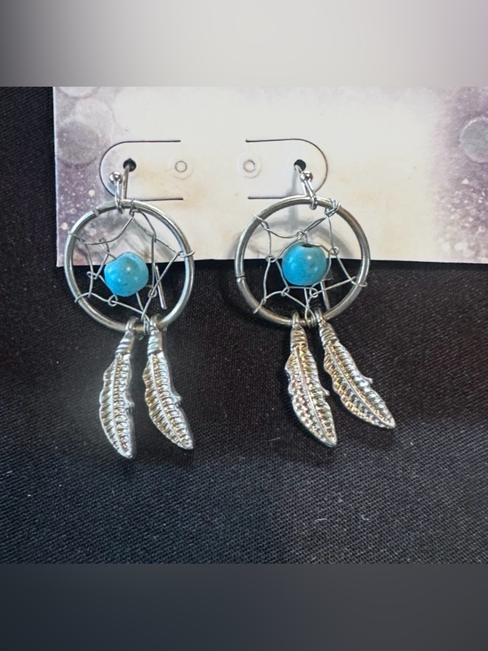#JC61 Silver Dreamcatcher Earrings with Turquoise Bead - Women's Jewelry